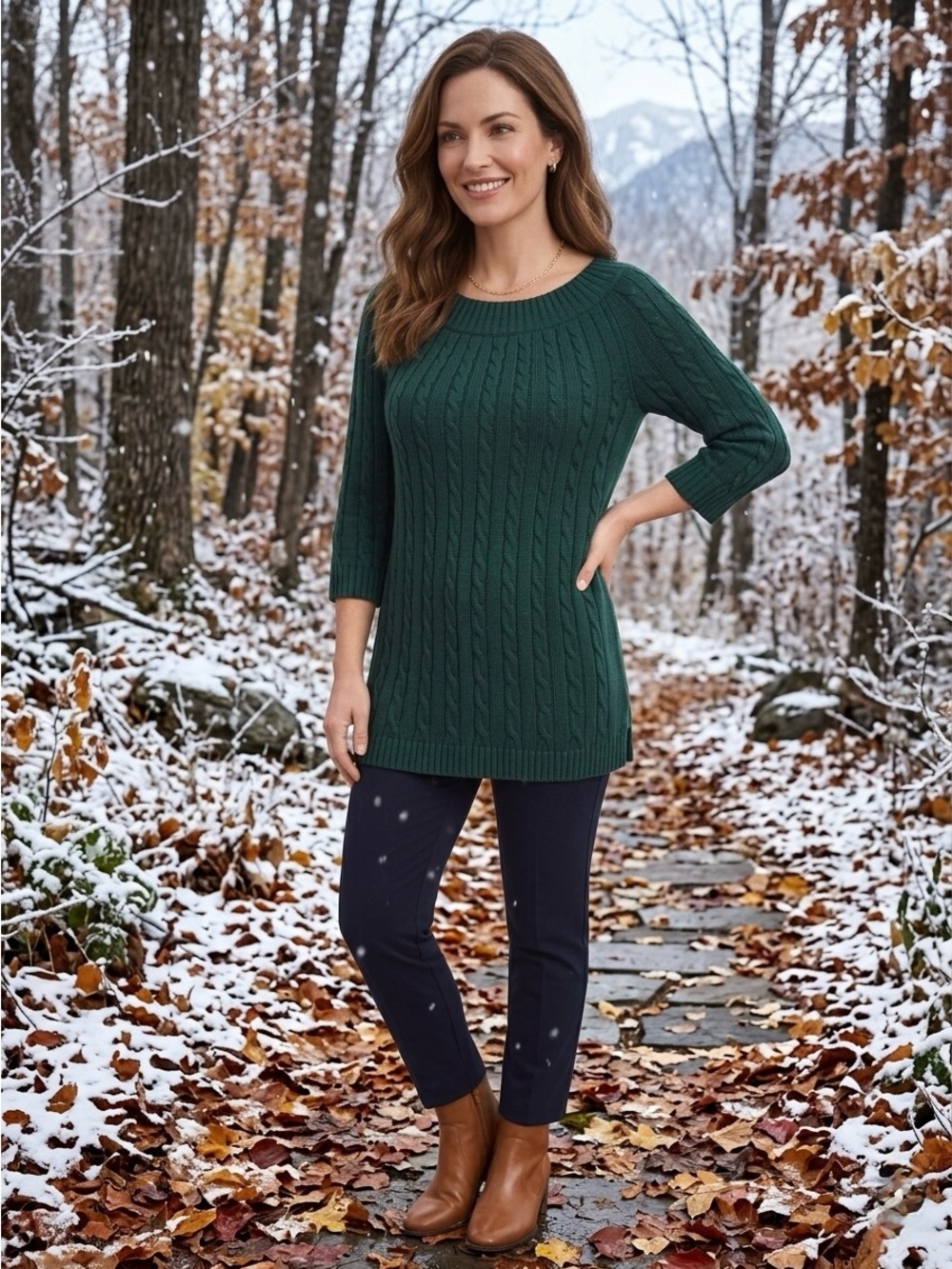 Talbots Petite S Hunter Green Cable Knit Sweater